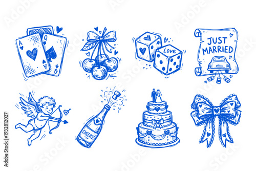 Wedding Coquette Style Hand Drawn Romantic Cute Elements Playing Cards Cherry Dice Just Married Cupids Champagne Celebration Line Art