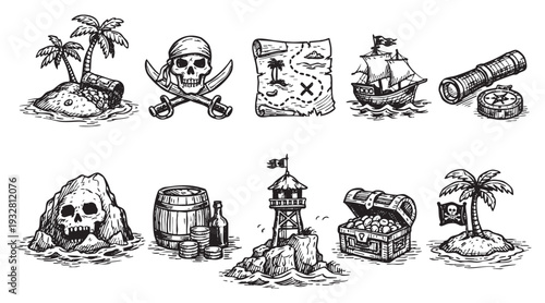 Hand drawn pirate icons featuring skull, treasure map, island, ship, treasure chest, and lighthouse against a clean white backdrop. Ideal for themed illustrations, pirate party invitations, and games.