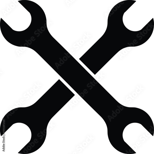 Crossed wrench tools icon representing maintenance service, repair workshop, mechanical engineering support, technical assistance, and equipment fixing symbol isolated on white background