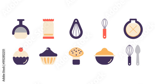 Baking icons show various kitchen tools and desserts on a table indoors.