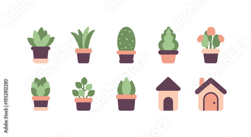 Illustration of various potted plants and a dog house on display