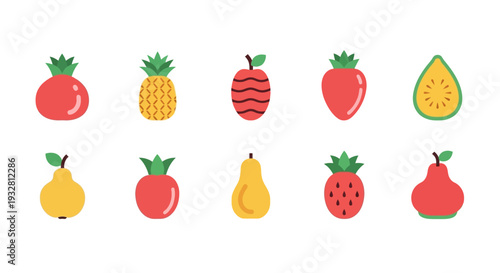 A vibrant arrangement of various fruits including strawberries, pineapples, pears, and apples.