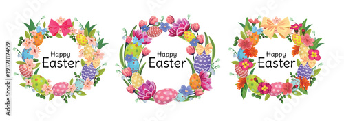 Set of floral Easter wreaths with decorated eggs, spring flowers and bows isolated on light background. Festive holiday frames for greeting cards and seasonal designs.