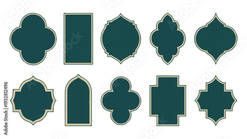 A set of decorative Moroccan-style design elements in a deep teal color with thin gold outlines on a white background (1)_traced