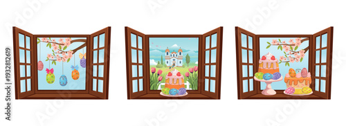 Spring Easter scene viewed through an open wooden window with blooming branches, decorated eggs and festive cake. Seasonal holiday illustration with soft pastel colors and copy space.