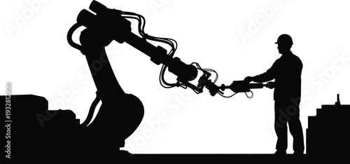 Human operator in a hard hat working alongside an advanced industrial robotic arm graphic, illustrating modern automation and collaborative technology in a factory setting.