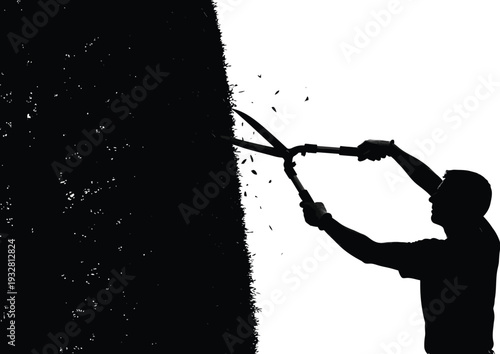 Silhouette vector illustration depicts a gardener using long handled hedge shears to carefully trim a dense shrub against a stark white background