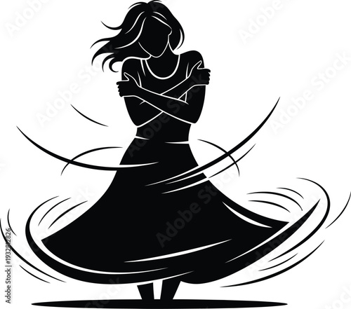 Dynamic vector illustration of a graceful woman with arms crossed, her flowing dress swirling elegantly, conveying motion and a sense of dance or emotional depth.