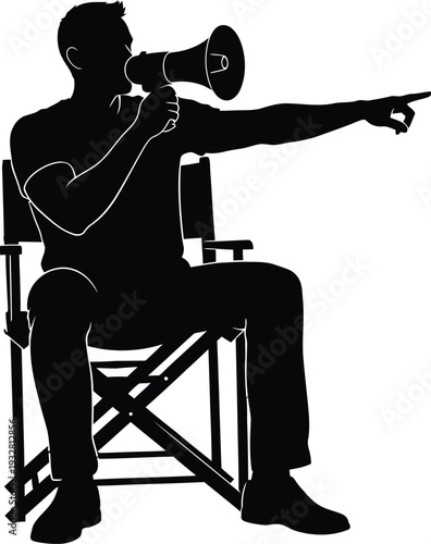 Powerful vector graphic illustration featuring a male director seated on a classic chair, actively speaking into a megaphone and pointing for clear instruction.