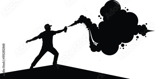 Stylized black and white vector illustration depicts an urban graffiti artist spraying a large cloud of dark paint from a can.