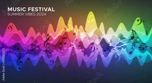 Vibrant music festival sound wave with colorful gradient and musical notes for summer events