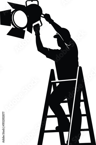 Black silhouette vector graphic illustration depicting a lighting technician adjusting a large studio spotlight while standing safely upon a sturdy step ladder