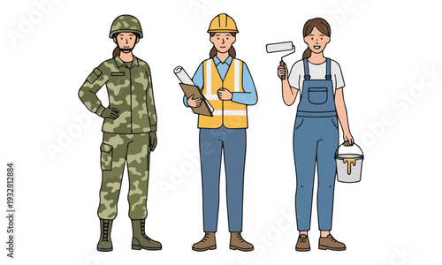 Women in various occupations: soldier, engineer, and painter professions