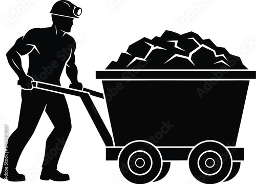 Strong silhouette graphic illustration of a muscular miner pushing a heavy cart loaded with extracted raw coal ore illustration