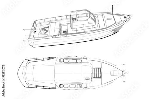 Motorboat blueprint illustration in white on white background, top side and front view
