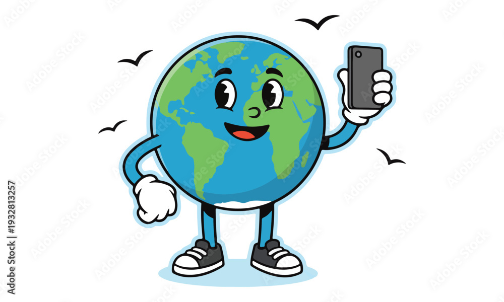 Φωτογραφία Cartoon Earth Character Holding Smartphone Taking Selfie