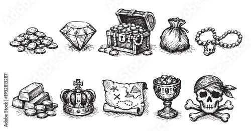 Hand-drawn treasure sketch of pirate coins, treasure chest, diamond, skull, map and other riches on white background, perfect for adventure, fantasy, or game designs.
