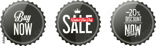 Three black bottle caps with sale and discount text