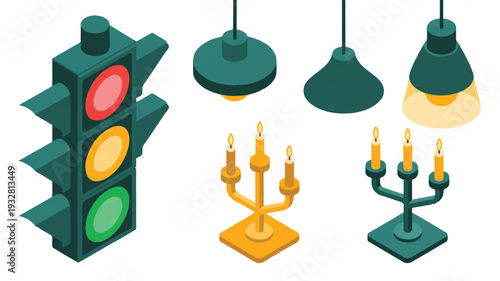 A set of isometric illustrations of lighting and traffic control elements arranged in a horizontal layout (3)_traced