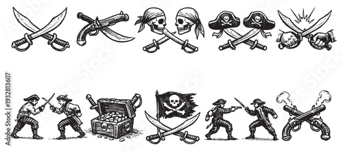 Detailed monochrome illustrations of pirate elements, featuring swords, skulls, treasures, and characters, ideal for use in graphic design or adventure themes.