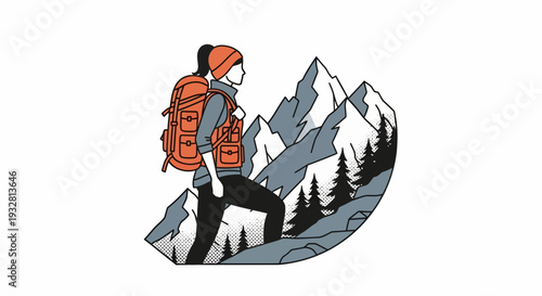 Cartoon Hiker in Mountain Landscape with Trees and Adventure Illustration