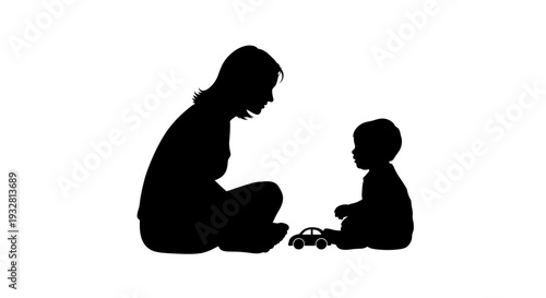 Silhouette of woman and child sitting.