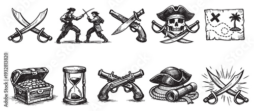 Black and white vector illustration features pirate icons: swords, pirate fight, treasure chest, and map, creating a classic, vintage feel. For themed events, designs, and education materials.