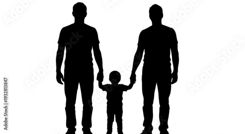 Silhouettes of two men holding child.