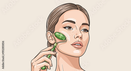 Serene woman using jade roller for self-care in serene atmosphere, showcasing skincare routine and natural beauty