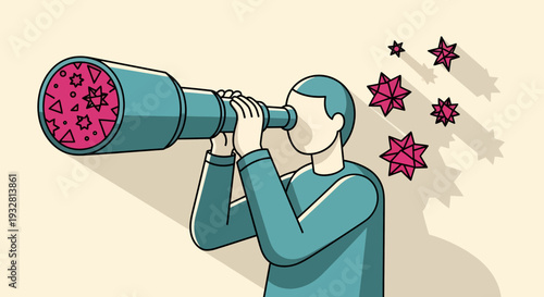 A Person in a Telescope Illustration with Blue Hair and Pink Lens Stars Exploring Curious Atmosphere