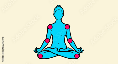 Teal Line Art of a Person in Lotus Position Meditation with Red Circles on Body Pressure Points