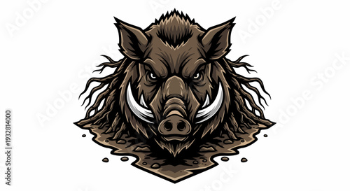Dynamic Illustration of a Fierce Boar Head with Tusks, Shaggy Fur, and Intense Gaze on Clean White Background