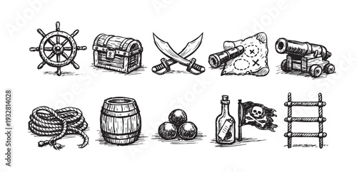 Hand-drawn pirate themed items include a ship wheel, treasure chest, swords, map, cannon, rope, and flag on a white background. Great for themed designs.