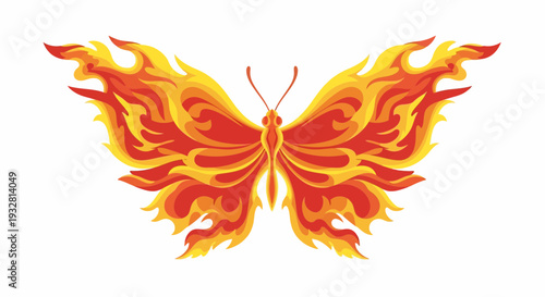Fiery Butterfly with Swirling Orange-Yellow Wings in Graphic Art