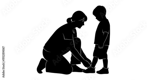 Woman helping a little boy.