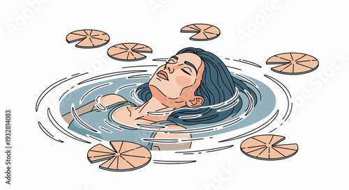 Serene Woman Floating in Blue-Tinged Water Amid Citrus Slices