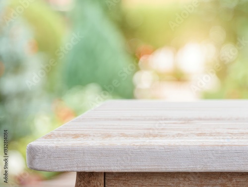 Empty wooden table top on spring background, AI generated image