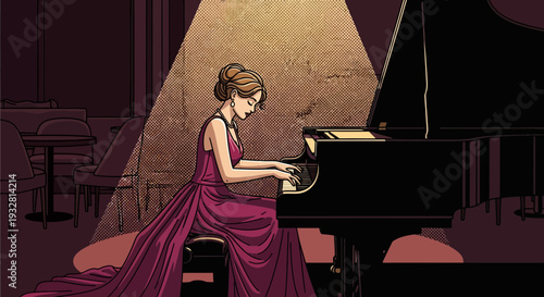 Elegant Woman Playing Grand Piano in Dimly Lit Concert Hall Performance