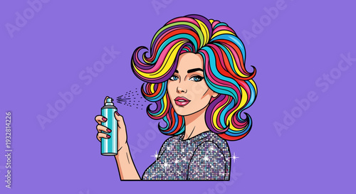 Cartoon Illustration of Woman with Vibrant Multicolored Hair Holding Hairspray Can Against Bold Purple Background