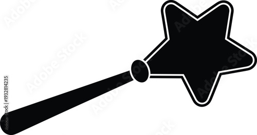 Magic wand star silhouette isolated on white background, fantasy spell casting symbol for fairy tales, wizard magic, kids party design, vector illustration use