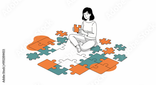 A woman sits on the floor assembling a jigsaw puzzle with orange and green pieces.