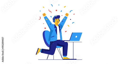 Man Celebrating with Laptop Computer.