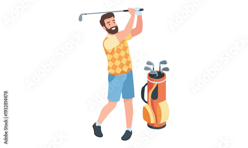 Man Golfer Swinging Golf Club with Golf Bag Illustration