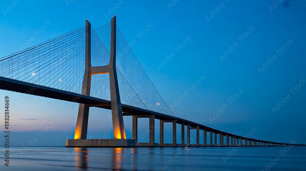 Fototapeta premium Modern cable stayed bridge over calm water at blue hour twilight