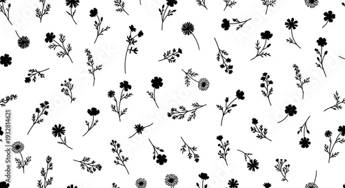 Black flowers on white background.