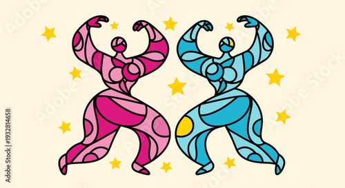 Two dynamic figures dance under starry night sky with energetic poses.