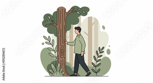 Man walks through forest touching tree trunk surrounded by green plants