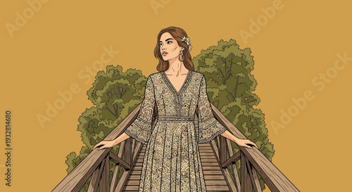 Woman on Bridge with Hands on Railings, Wearing Floral Dress Amid Trees, Capturing Serenity in a Quiet Digital Illustration