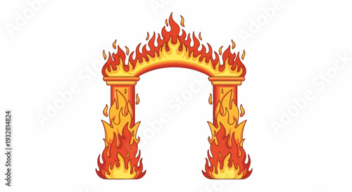 Igniting Fiery Curved Archway with Flame Pillars in Bold Cartoon Style, Centered on White Background for High Contrast Illustration