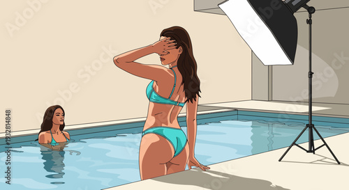 Model poses in bikini by pool under studio lighting for photo shoot pose